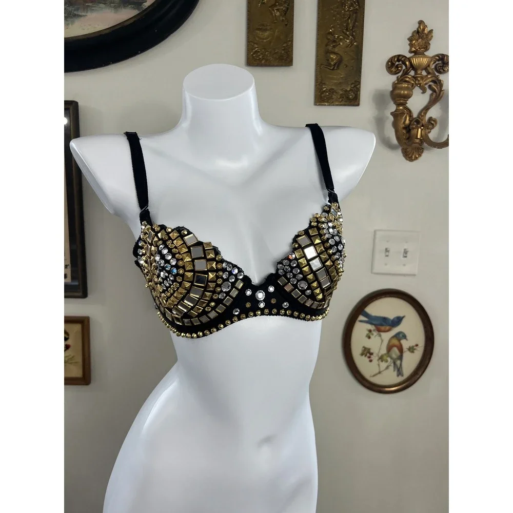 Vintage Q-T Foundations Burlesque Showgirl Rhinestone Studded Black Bra Size 36C